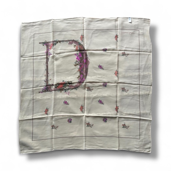 VTG Christian Dior 100% Silk Scarf France Made Beige Floral D Logo Collectible - Picture 1 of 16